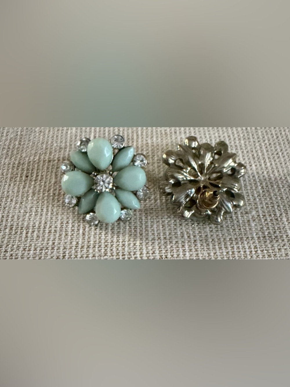 Mint Green Floral Crystal Button Earrings